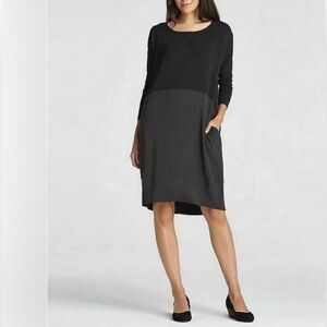 Eileen Fisher Colorblock Jersey Shift Dress Black Charcoal Sz M Pockets